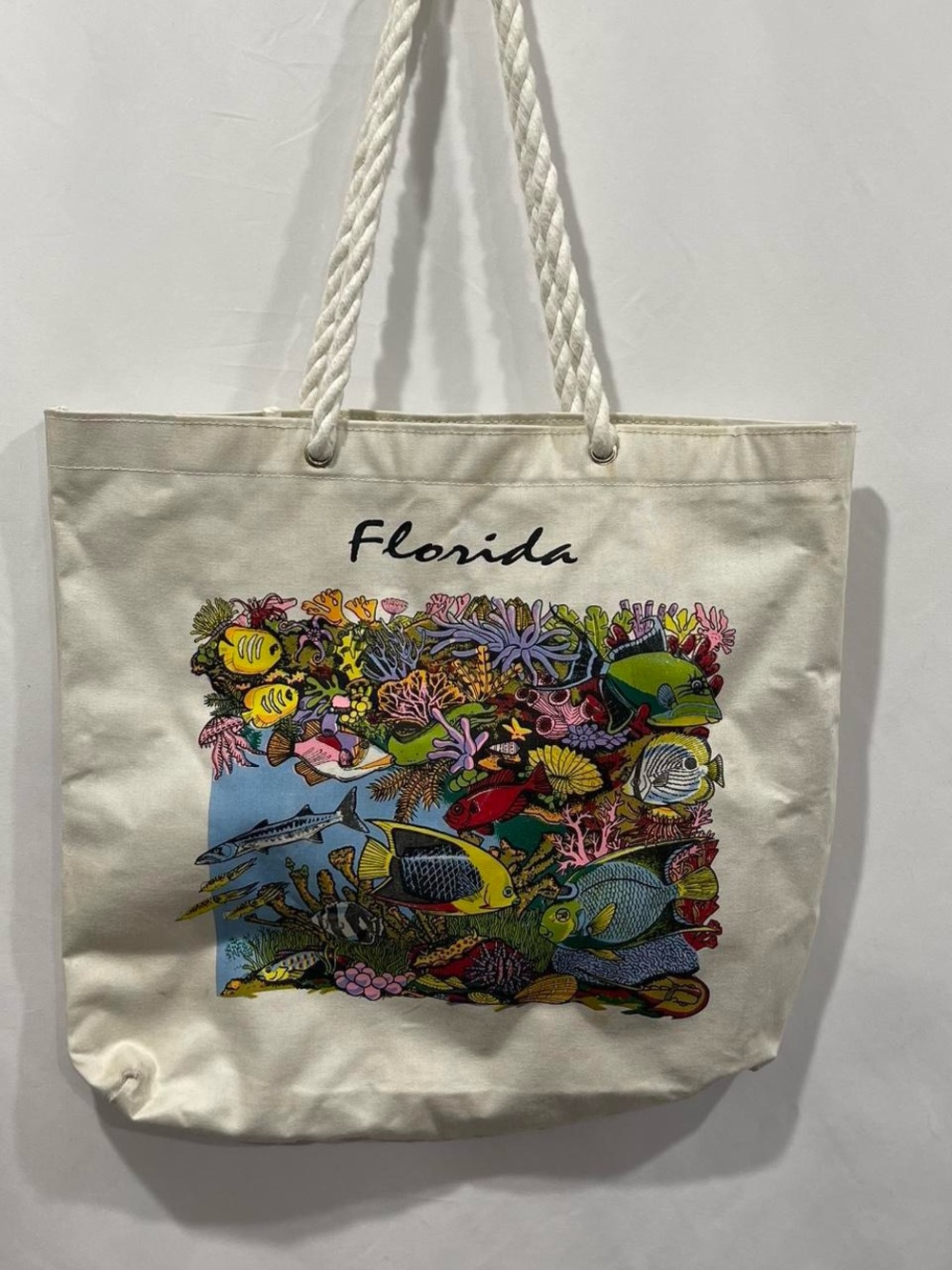 Florida Canvas Tote Bag with Tropical Fish Print - Cream